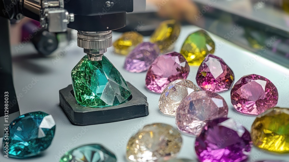 Poster high-tech spectroscope scanning a gemstone's internal structure for certification.
