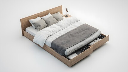A contemporary low-profile platform bed with integrated storage drawers, featuring modern bedding, on an isolate background
