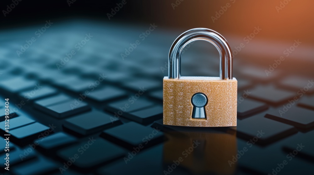 Poster close-up image of a secure padlock resting on a computer keyboard highlighting security and protecti