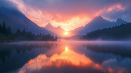 Obraz premium Generic Serene Mountain Moment Glowing Lake Sunrise