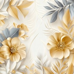 Elegant Gold and Gray Floral Design Luxury Paper Flowers and Leaves Background