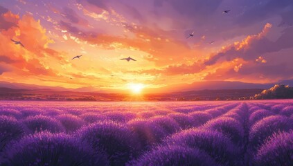 Fototapeta premium Sunset over lavender field, birds flying, mountains background, idyllic postcard