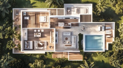 Modern Home Aerial View Open Floor Plan with Pool and Lush
