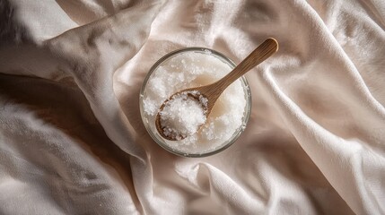 Frosted Glass Jar with Sugar Scrub and Wooden Spoon on Fabric
