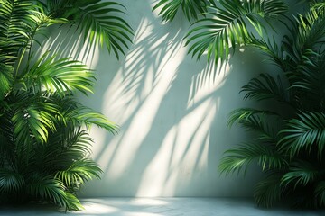 Fototapeta premium Tropical Palm Leaves Shadow on Light Wall