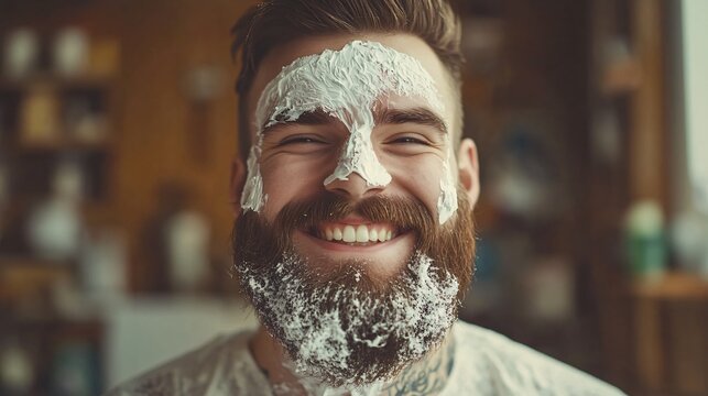 Professional image of a happy young man applying shaving cream to his beard