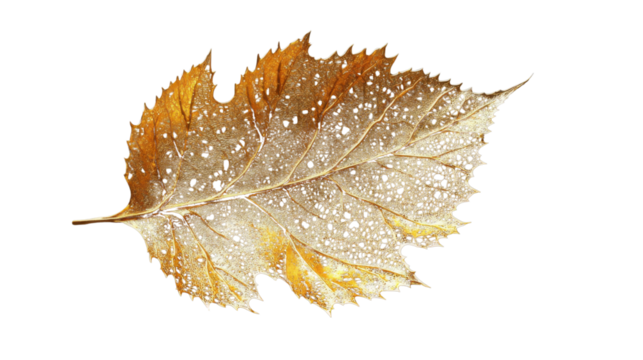 Golden skeleton leaf showing intricate veins on transparent background