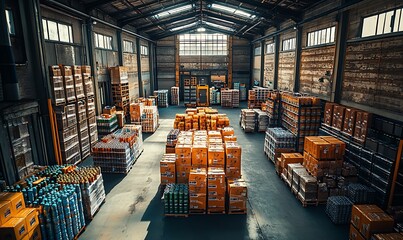 Industrial Warehouse Interior with Stacked Cardboard Boxes