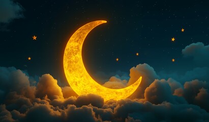 Golden Crescent Moon Above Clouds Night Sky Stars Dreamy Celestial Background