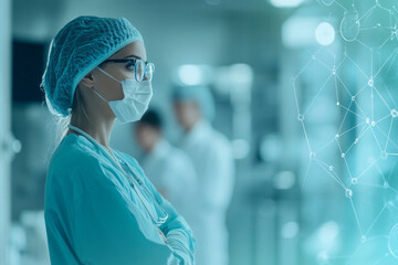 A healthcare professional in scrubs and a mask studies data on a digital interface, highlighting dedication to patient care and technological innovation in a hospital