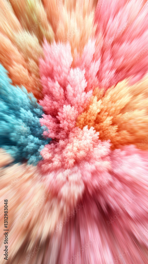Poster pastel pink, orange, teal fractal flower bursting dynamically with motion blur, generating vibrant s