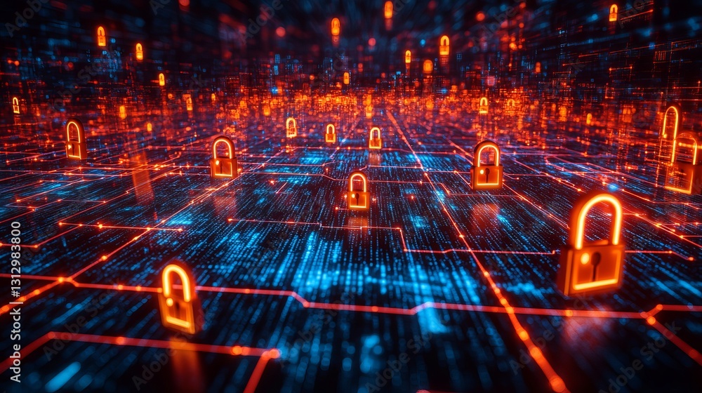 Poster cybersecurity network digital padlocks orange red blue technology background abstract data security 