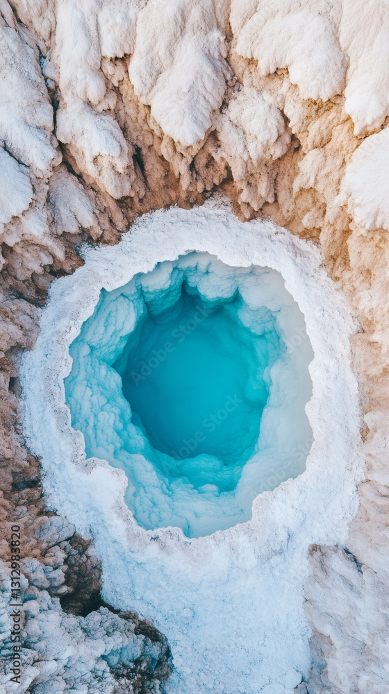 Poster aerial view of a turquoise thermal spring water surrounded by salt and mineral deposits, forming uni