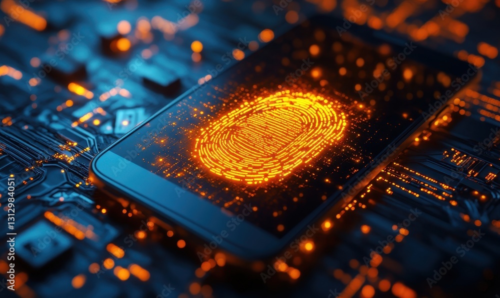Aufkleber digital fingerprint on modern smartphone showcasing security technology against a backdrop of glowin