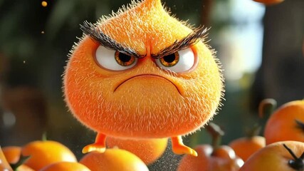 Cartoon character, angry orange blob, surrounded by pears.  Possible use Children's book illustration, digital art, or animated character design - Powered by Adobe