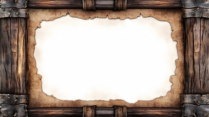 Ancient Wooden Frame with Torn Parchment Paper Background
