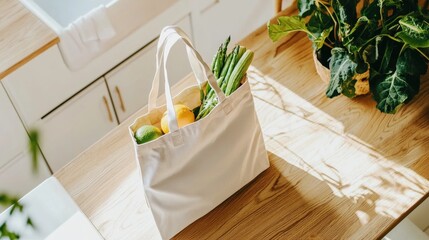 Fresh Produce in Reusable Tote Bag on Wooden Kitchen Table