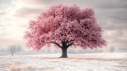Pink Blossom Tree in Snowy Field at Dawn