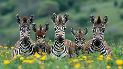A group of five zebras standing in a field of yellow flowers, showcasing their striking black and white stripes.