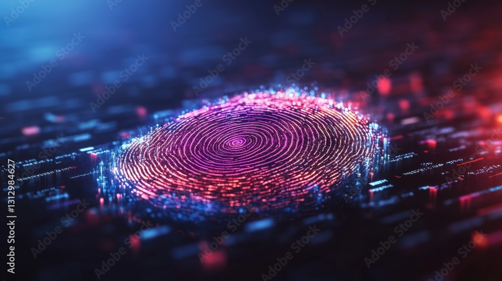 Poster fingerprint scanning on a digital background with futuristic technology elements representing securi