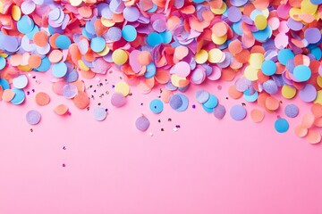 Vibrant colorful confetti on a pink background. For celebrations and festive events.