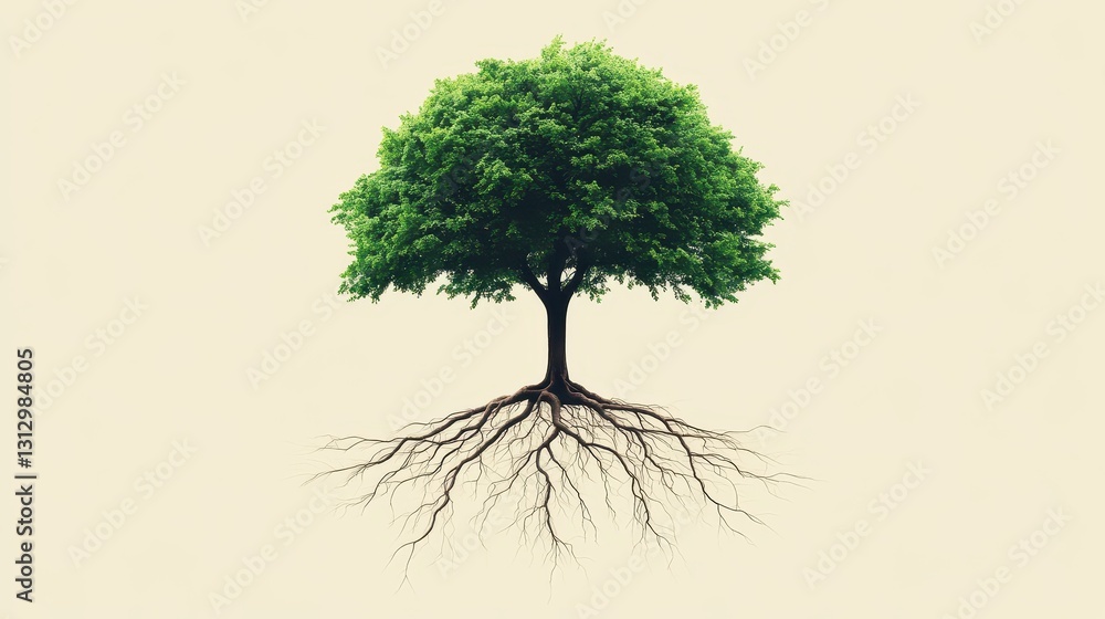 Poster a single tree with roots is displayed in a minimalist setting