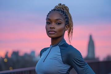 Woman in athletic wear poses at sunset in the city. Health and wellness.