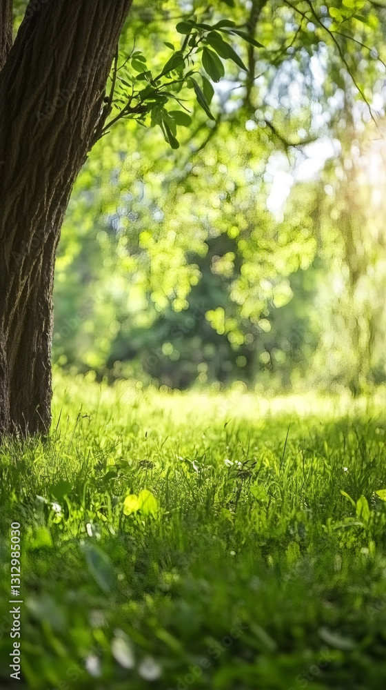 Poster Sunlight filtering through lush green grass, casting soft shadows on weathered tree bark in tranquil woodland setting