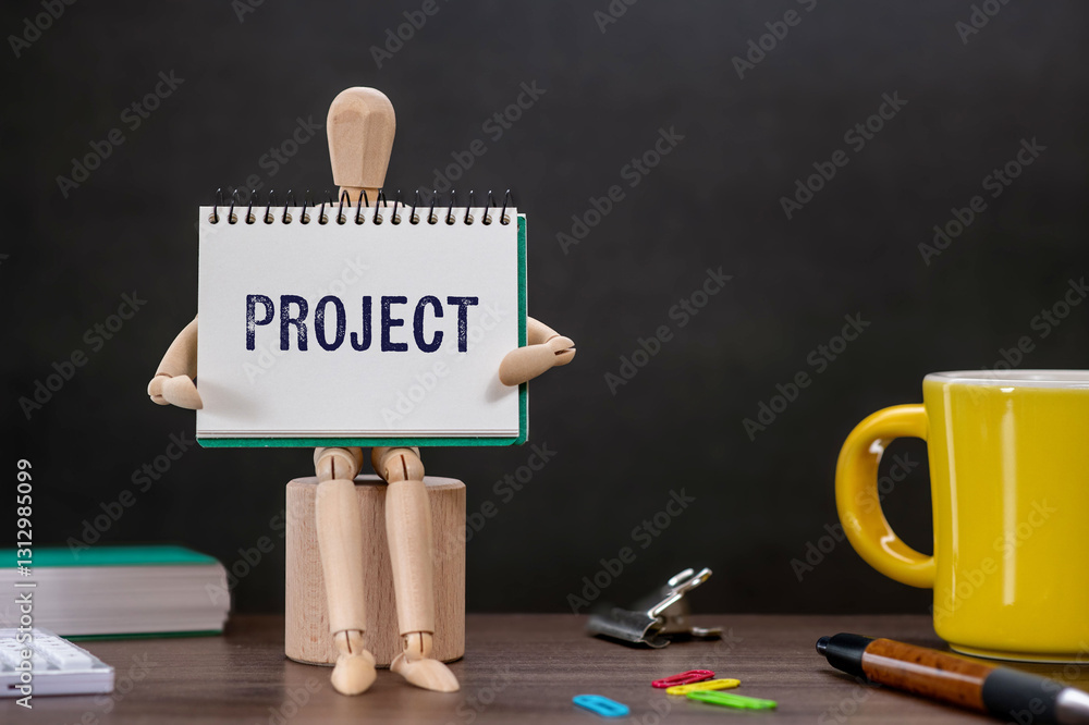 Poster there is wood block with the word project. it is as an eye-catching image.