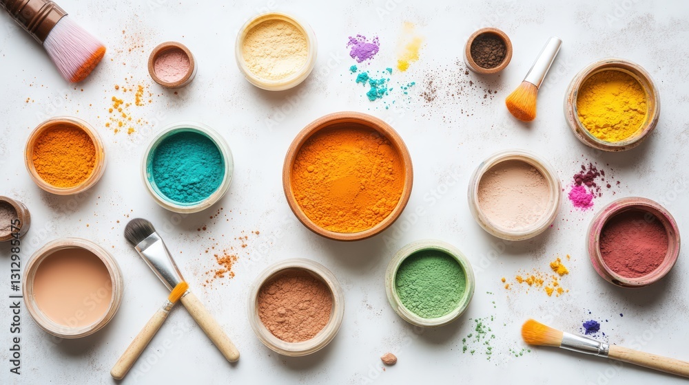 Aufkleber colorful display of different colored powders in a flat lay arrangement highlighting vibrancy and di