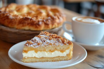Cozy Cafe Scene: Closeup of Steaming Coffee, Fresh Cake, and Crispy Croissants on Wooden Table with Warm Lighting and Copy Space for Text
