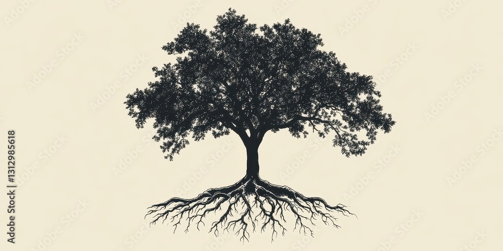 Poster silhouette image of a tree displaying both roots and leafy crown