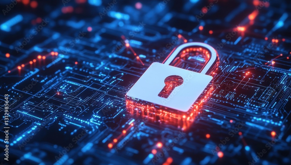 Poster digital security concept with a glowing lock icon on a high-tech background featuring network connec