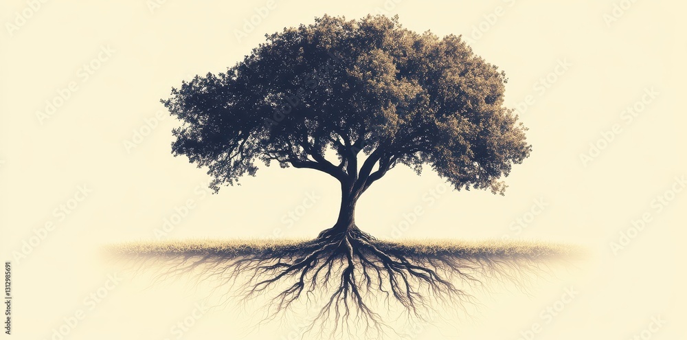 Poster a large tree with an intricate root system is depicted