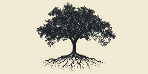 Silhouette image of a tree displaying both roots and leafy crown