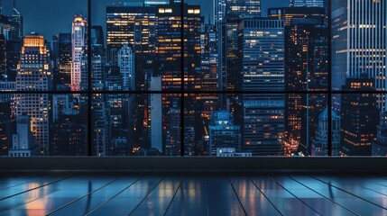 Obraz premium Nighttime cityscape view from a modern office showcasing illuminated skyscrapers and a vibrant urban atmosphere