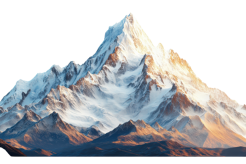 Snow-capped mountain peak rises majestically above surrounding landscape at sunrise in an alpine region