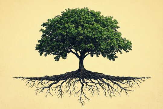 Detailed illustration showing a large tree with spreading roots and leaves