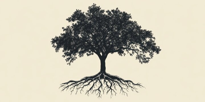Silhouette image of a tree displaying both roots and leafy crown