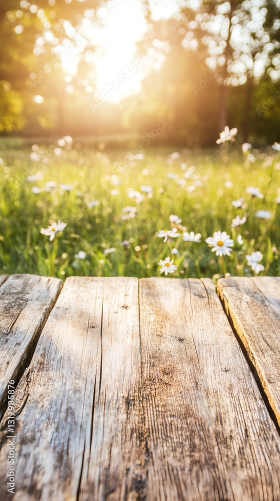 Poster wooden table top with a blurred daisy field and sunset light in the background, creating a peaceful 