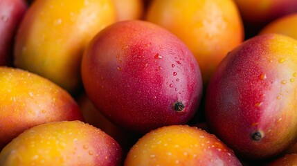 A selection of ripe mangoes, glowing in hues of orange, yellow, and red, radiates warmth and ripeness