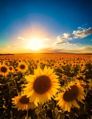 Fototapeta premium Sunflowers against the background of a field and blue sky