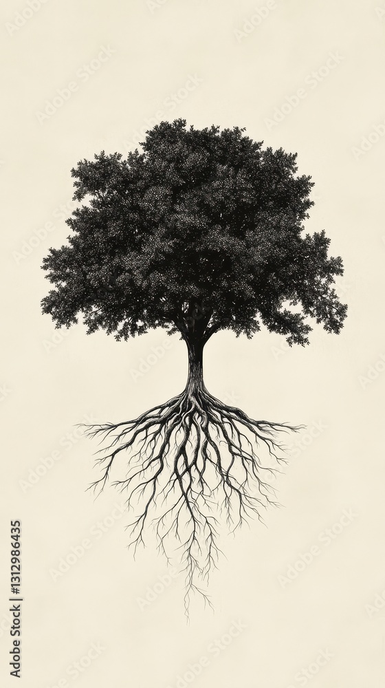 Poster a large tree with a wide canopy and visible root system