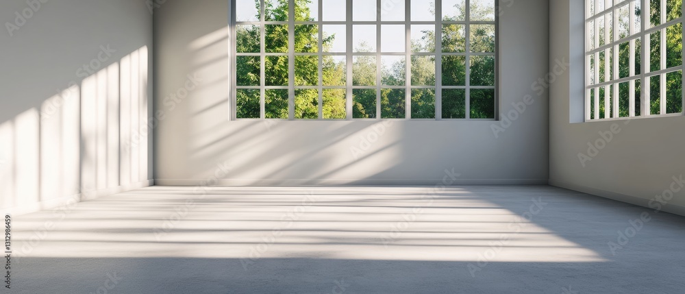 Poster a cozy room featuring a window and bench with soft light grey background creating a calm and invitin