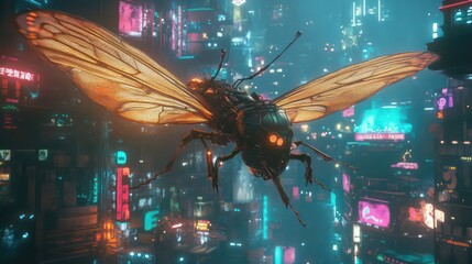 Cyberpunk Cicada Flying Neon Cityscape