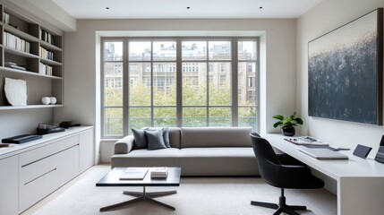 Fototapeta premium Modern home office with city view, showcasing a relaxing space, perfect for work and leisure