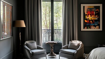 Dark Modern Bedroom with City View, Interior Design, Stock Photo