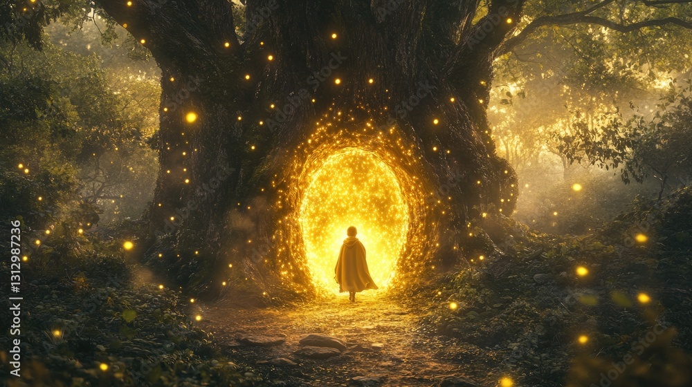 Poster enchanted portal in a mystical forest with a child approaching a glowing tree and sparkling lights