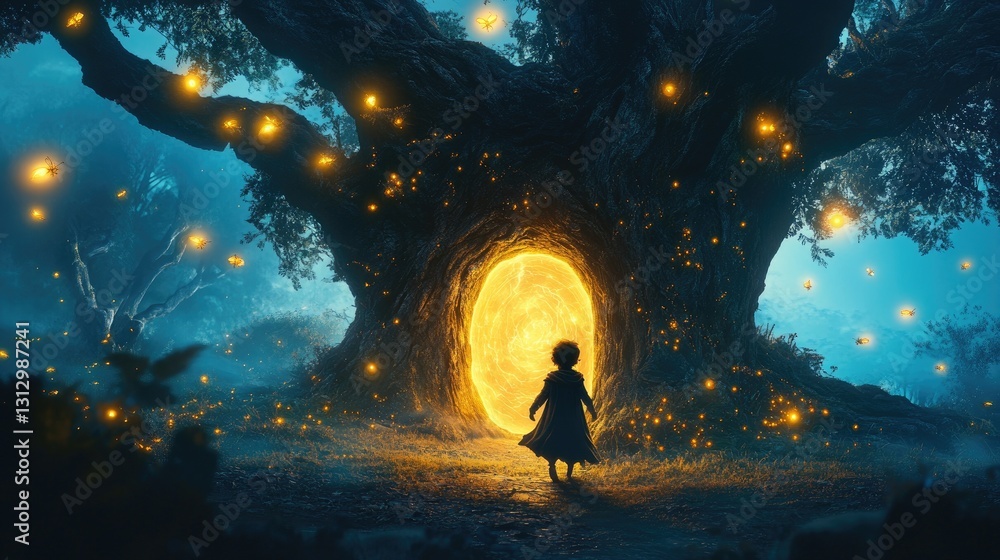 Poster enchanted forest gateway with a child standing before a magical portal illuminated by glowing firefl