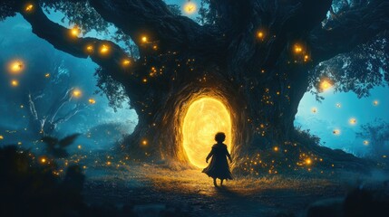 Fototapeta premium Enchanted Forest Gateway with a Child Standing Before a Magical Portal Illuminated by Glowing Fireflies